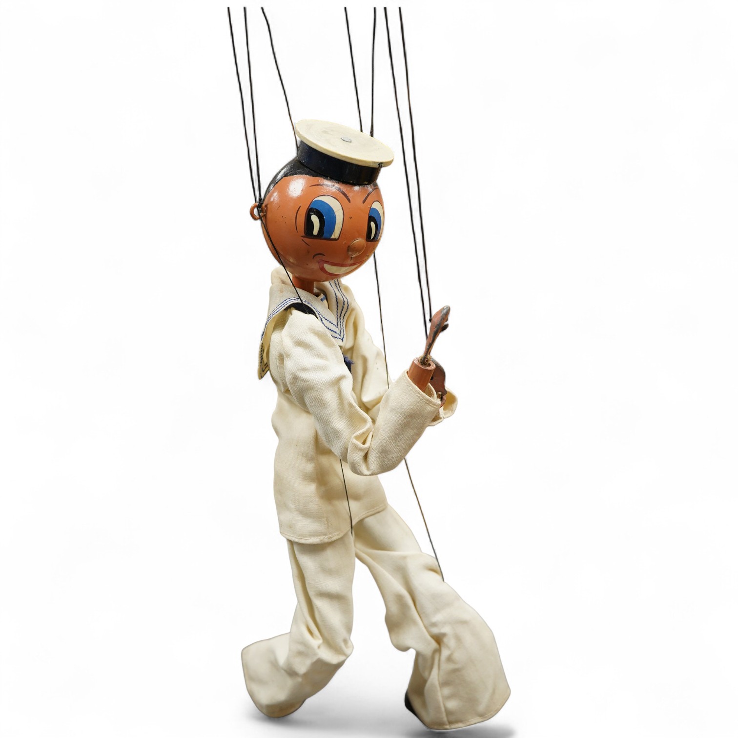 A scarce boxed Pelham Puppet sailor with carved wood cap, ‘Infant Control’